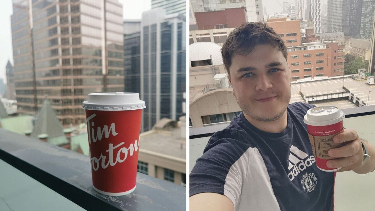 A Tim Hortons cup. Right: Narcity's Tomás Keating with a Tim Hortons double-double.