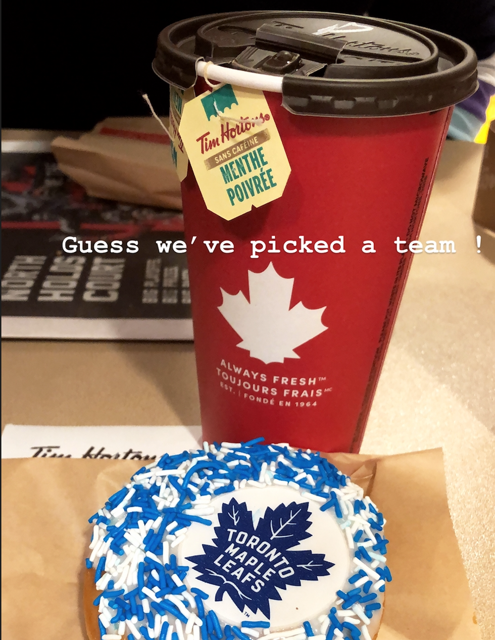 A Tim Hortons donut and coffee.