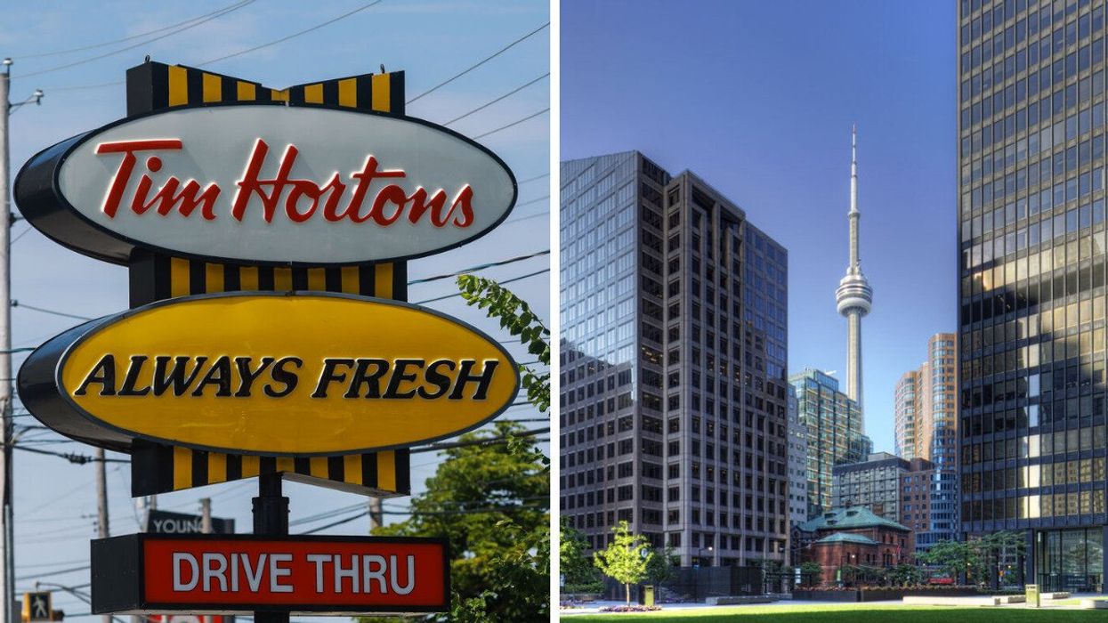 A Tim Hortons drive-thru. Right: The CN Tower in Toronto