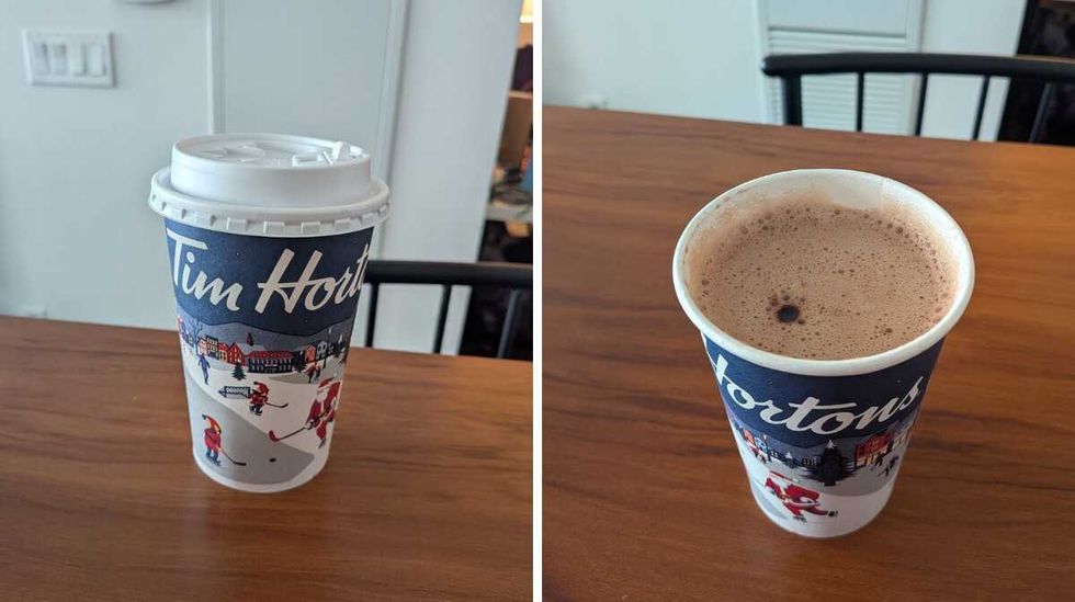 A Tim Hortons hot chocolate cup. Right: A Tim Hortons hot chocolate without the lid.