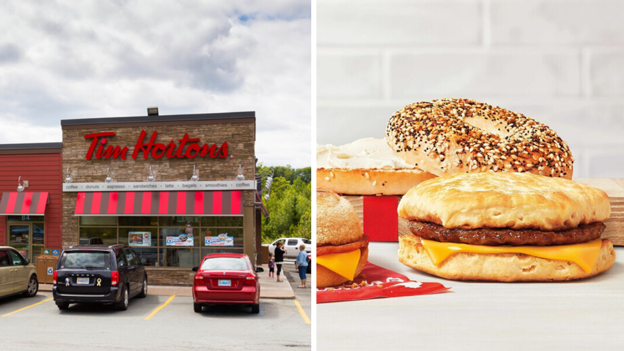 A Tim Hortons in Montreal. Right: a sandwich from the new menu.