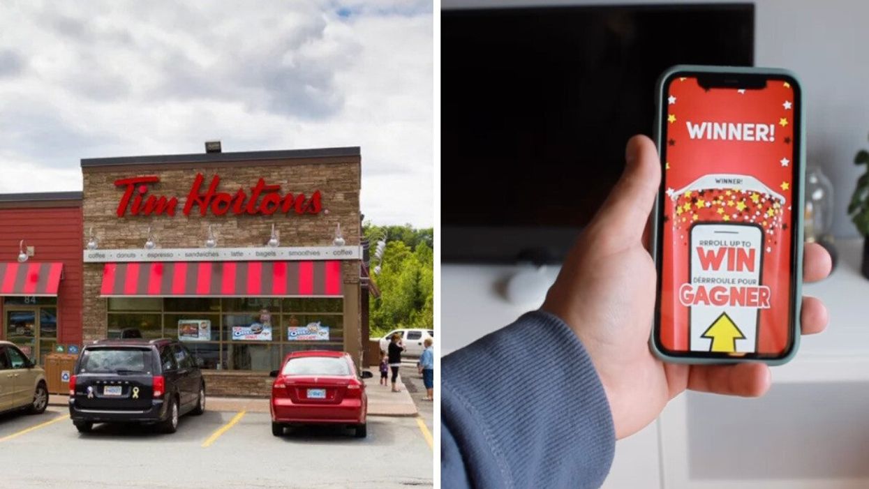 A Tim Hortons in Ontario. Right: The screen of a winner playing Roll Up The Rim.