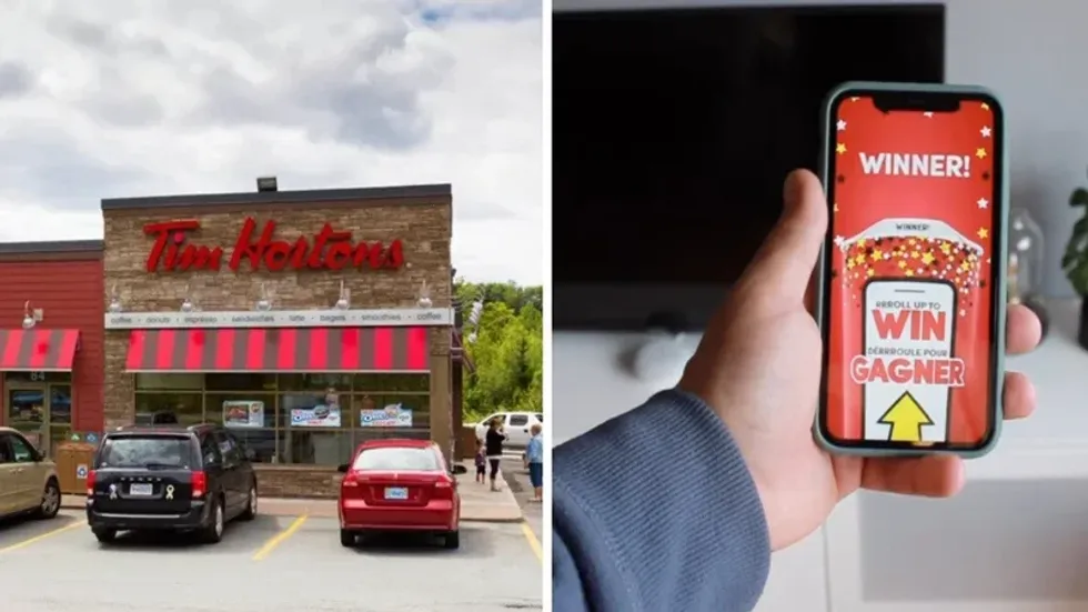 A Tim Hortons in Ontario. Right: The screen of a winner playing Roll Up The Rim.