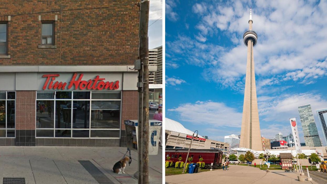 A Tim Hortons in Toronto. Right: The CN tower