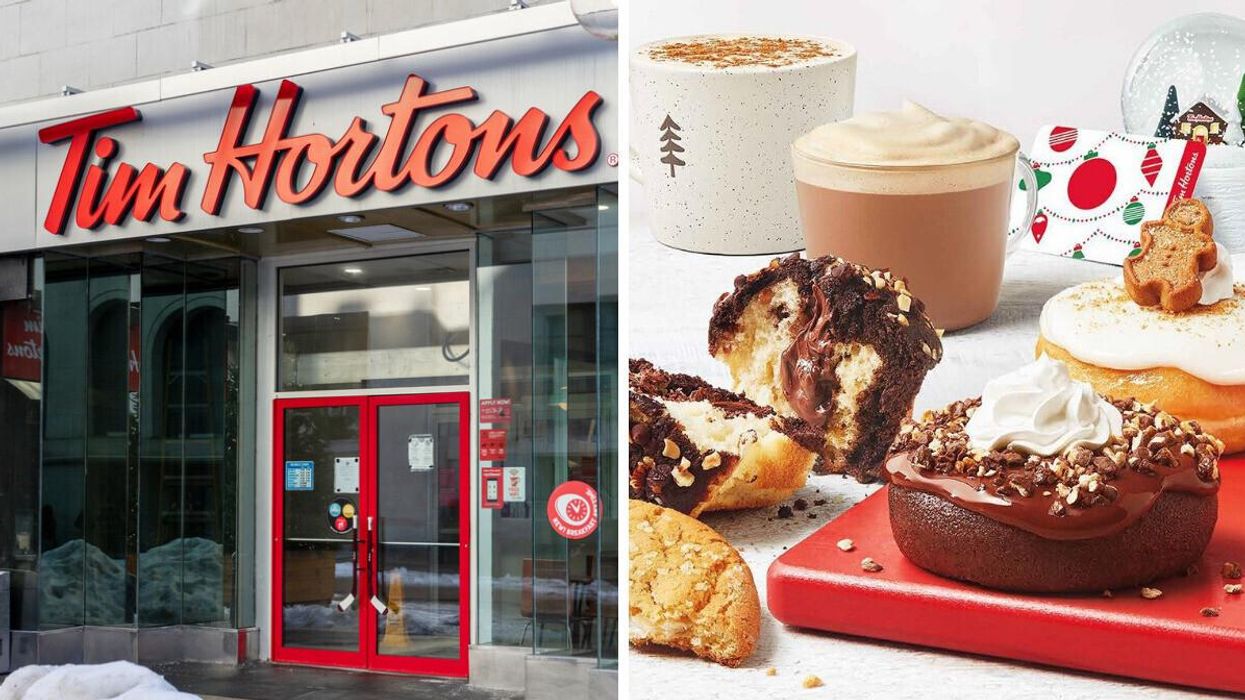 A Tim Hortons in winter. Right: Dishes from Tim Hortons new holiday menu.