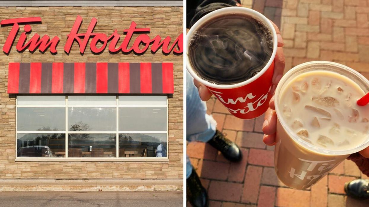 A Tim Hortons location in Canada. Right: Tim Hortons coffees.