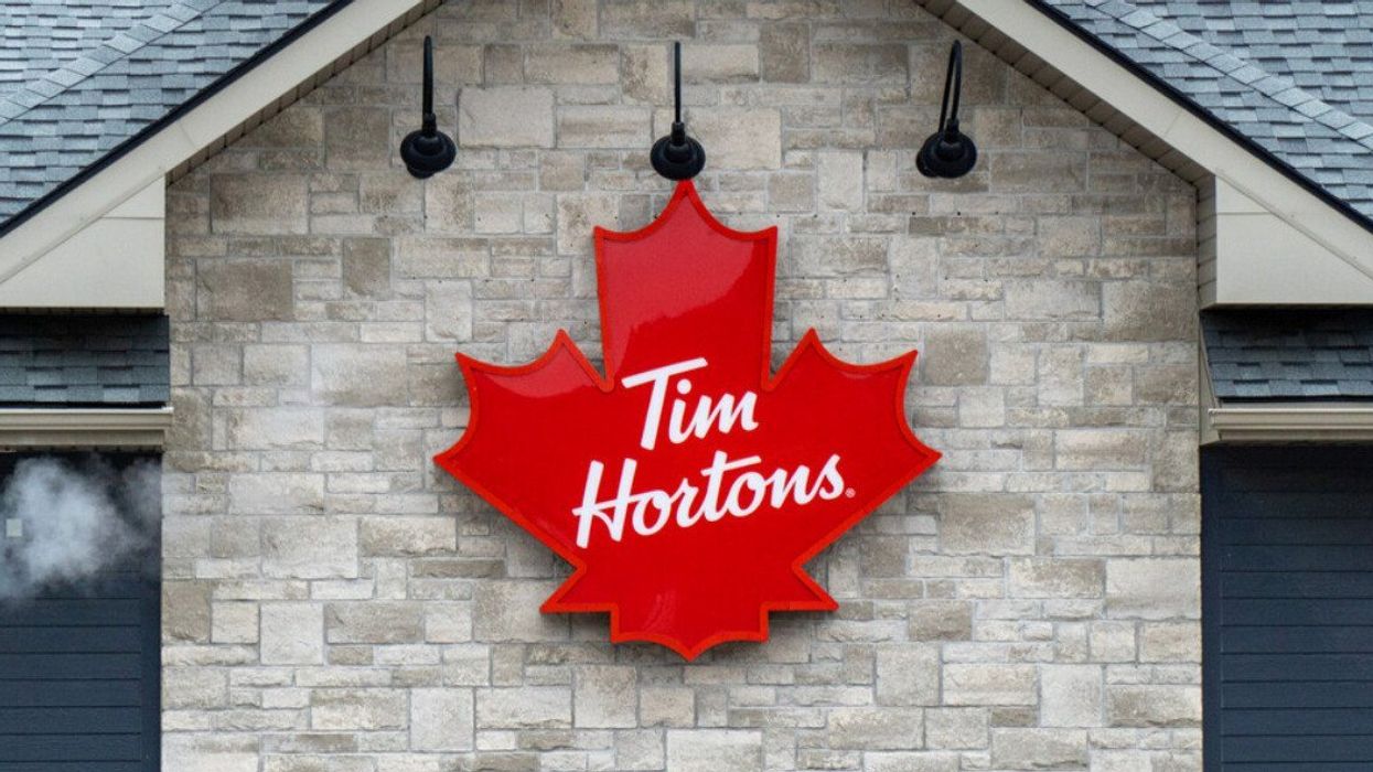 A Tim Hortons maple leaf logo in Huntsville, Ontario.