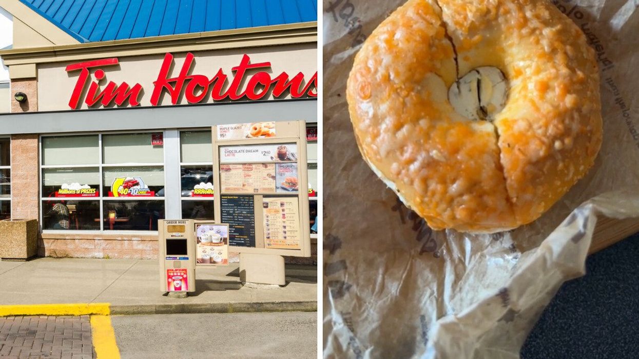 A Tim Hortons restaurant in Canada. Right: A TikToker's bagel with cream cheese.