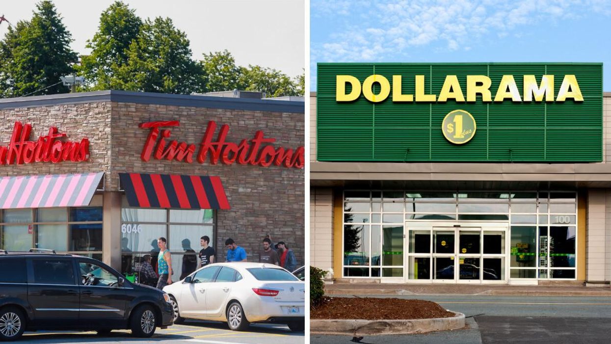 A Tim Hortons restaurant. Right: A Dollarama store.