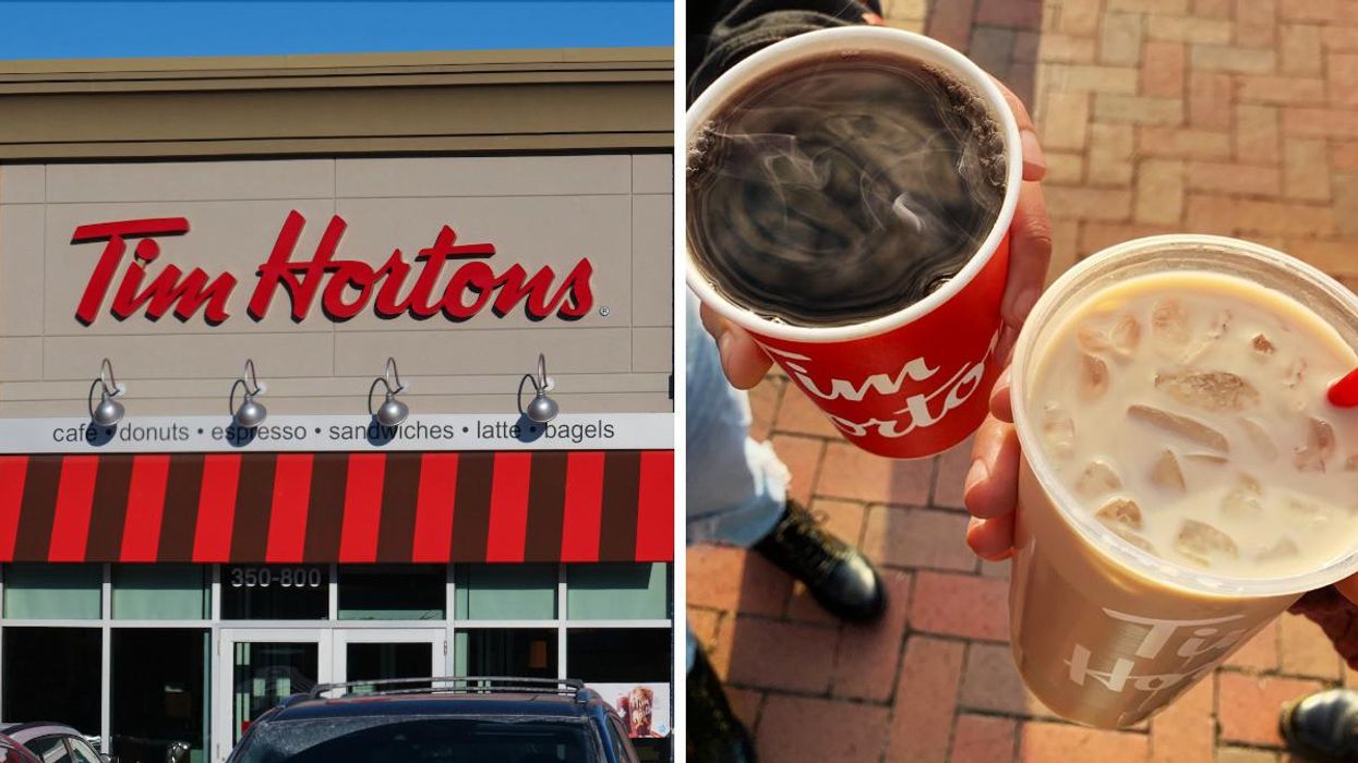 A Tim Hortons restaurant. Right: Two people holding single-use Tim Hortons cups.