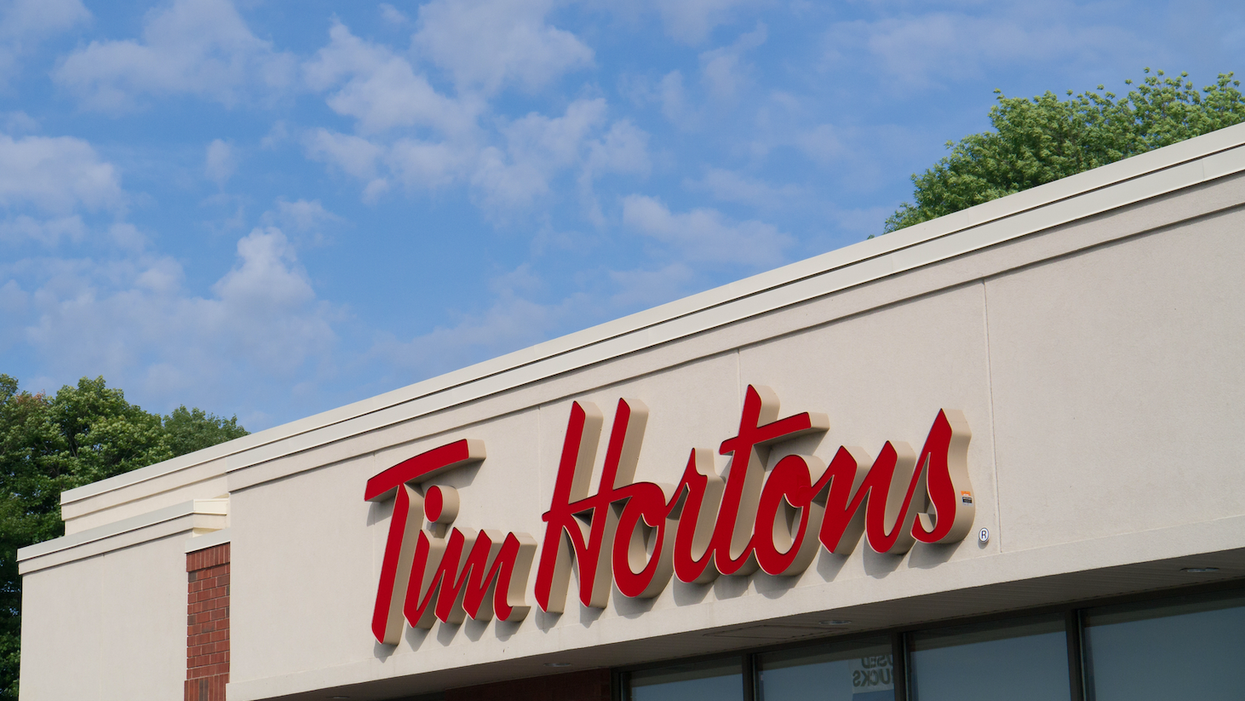 A Tim Hortons restaurant sign.