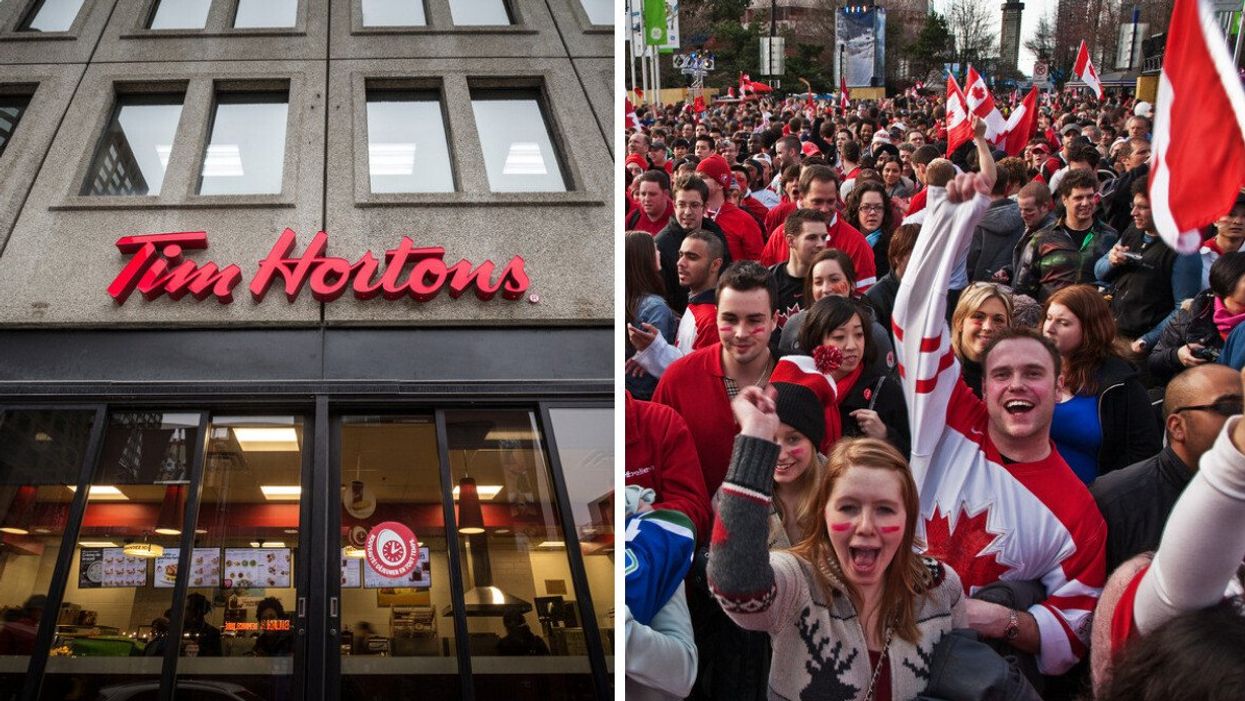 A Tim Hortons. Right: A group of Canadian hockey fans.