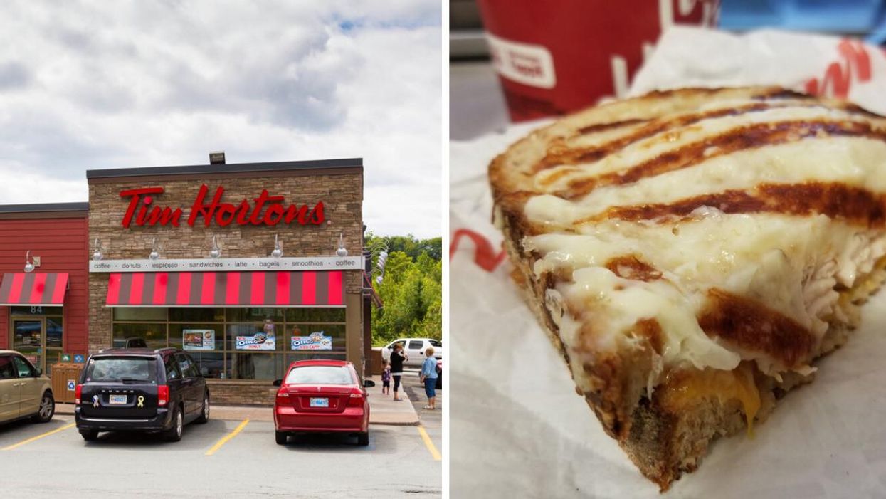 A Tim Hortons. Right: A Tim Hortons' melt sandwich.