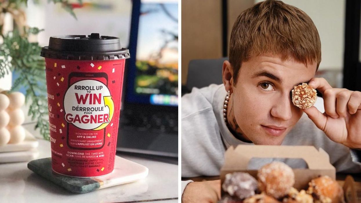 A Tim Hortons Roll Up To Win cup. Right: Justin Bieber holding a Timbiebs.