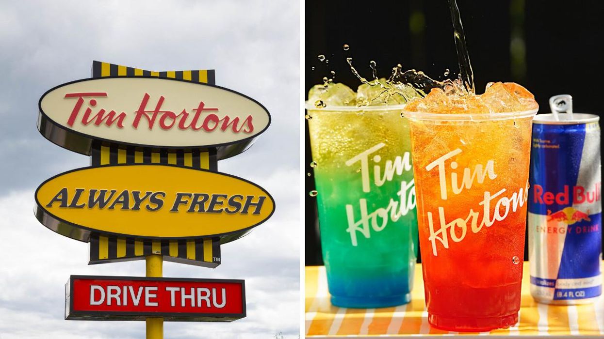 A Tim Hortons sign in Halifax. Right: TimsBoost Red Bull Energy Infusions.