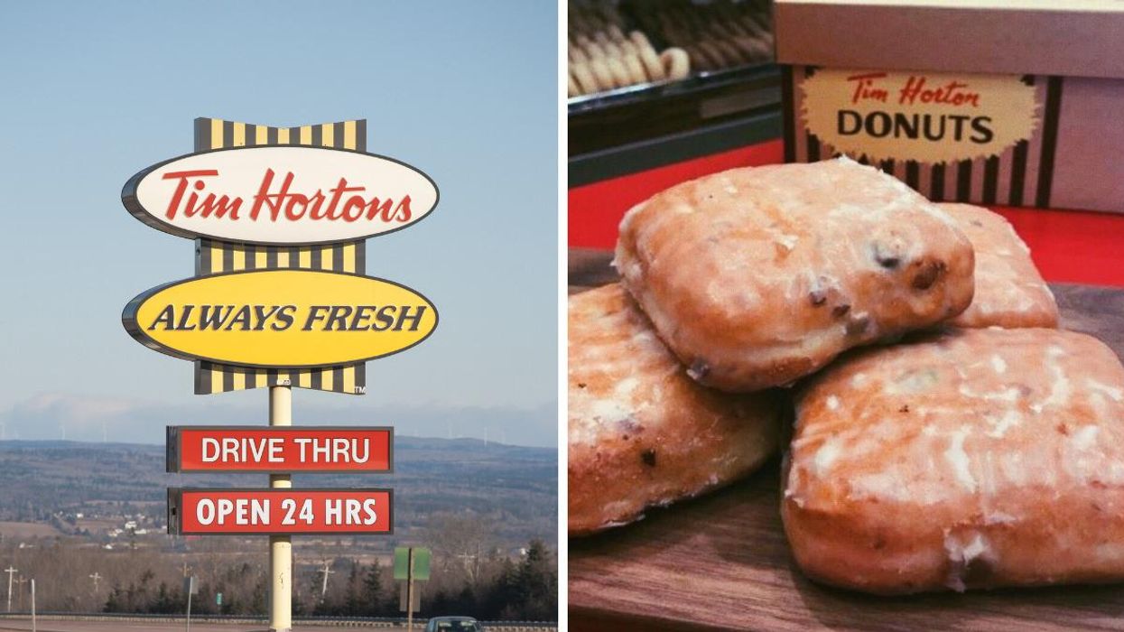 A Tim Hortons sign in Ontario. Right: An old photo of a pile of dutchies.