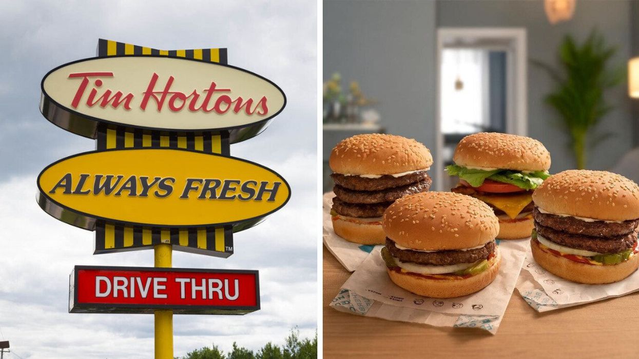 A Tim Hortons sign. Right: A bunch of A&W burgers.