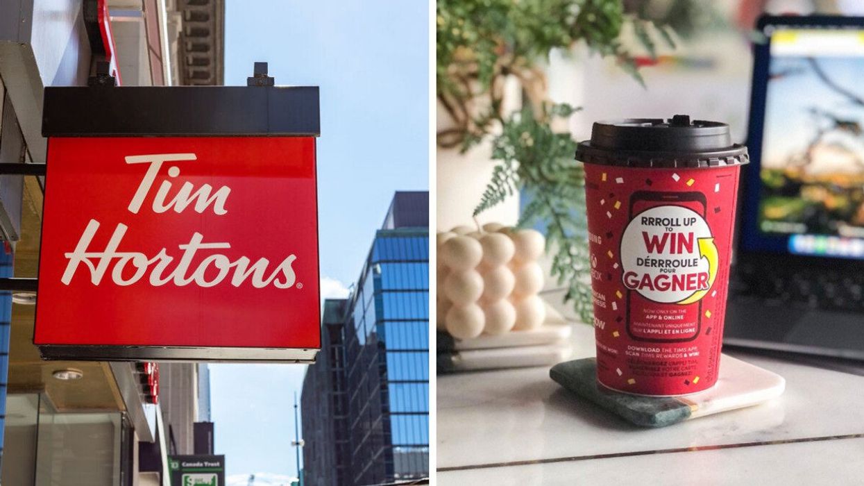 A Tim Hortons sign. Right: A Roll Up To Win coffee cup.