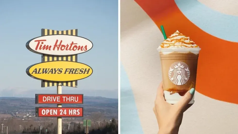 A Tim Hortons sign. Right: A Starbucks Frappucino.