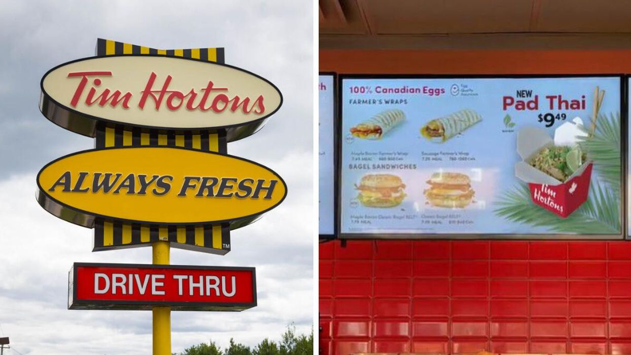 A Tim Hortons sign. Right: A Tim Hortons menu advertising pad thai.