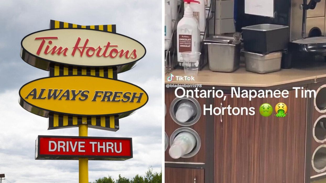 A Tim Hortons sign. Right: The mouse in Tim Hortons.