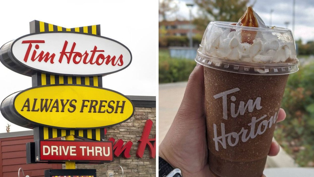 A Tim Hortons sign. Right: The Pumpkin Spice Iced Capp.