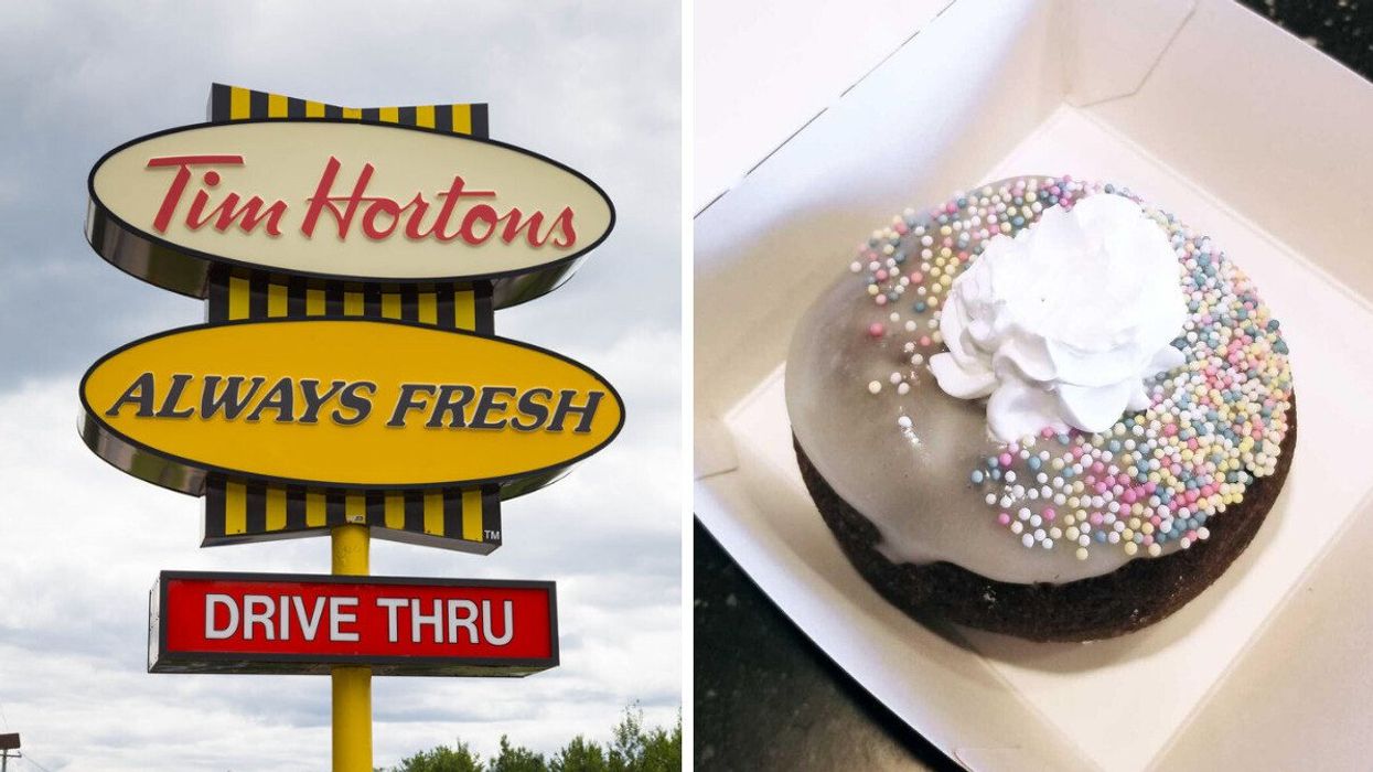 A Tim Hortons sign. Right: The Tim Hortons Tims Special Olympics Donut.