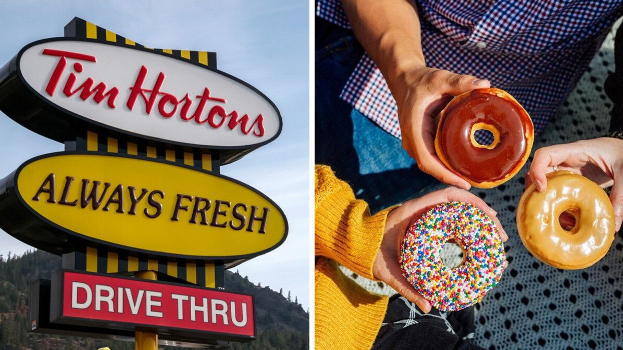 A Tim Hortons sign. Right: Tim Hortons donuts.