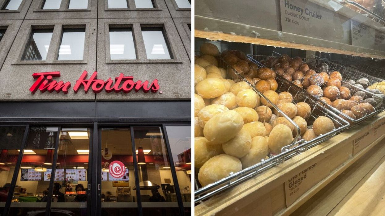 A Tim Hortons store. Right: Timbits in the display.