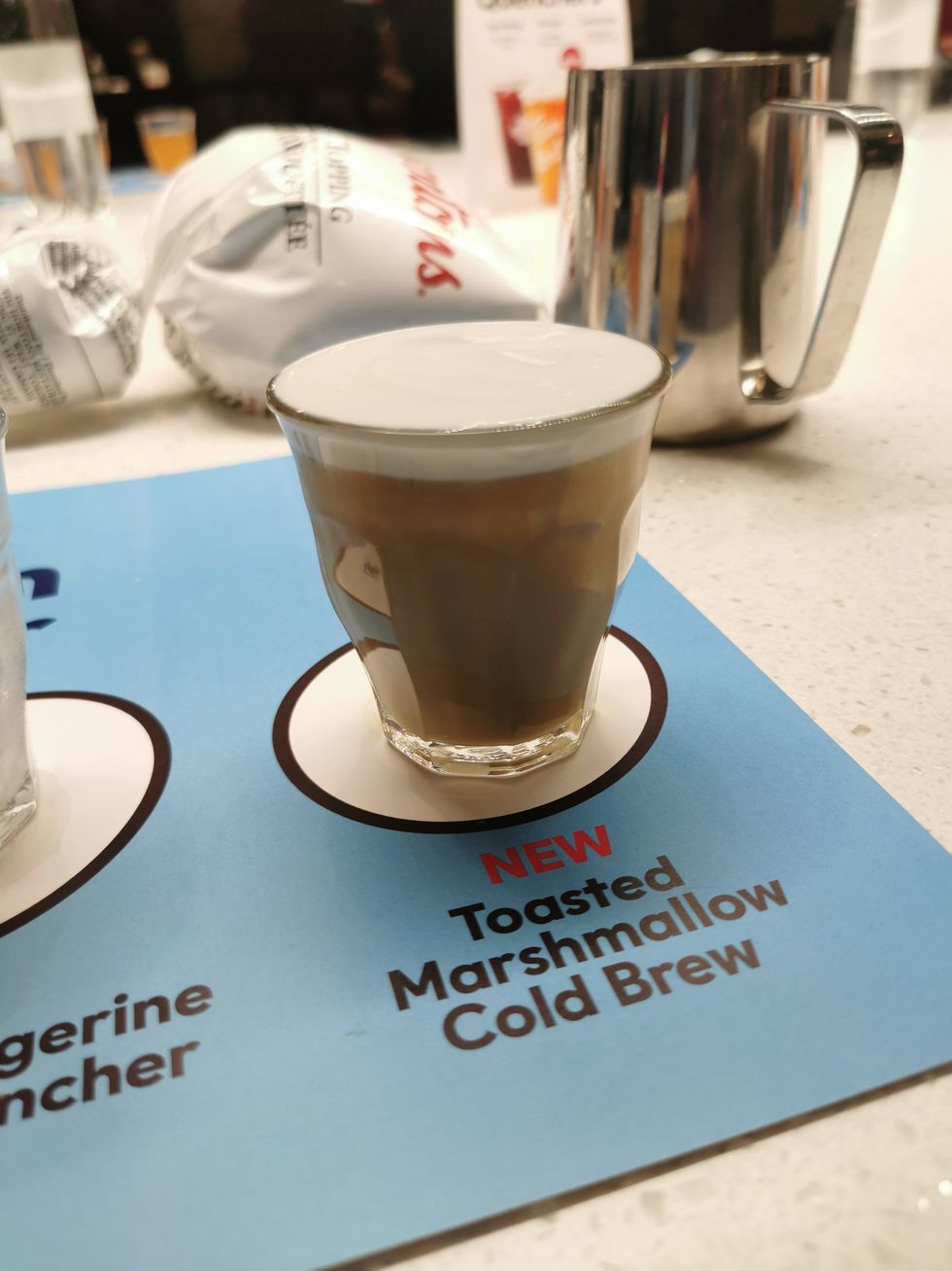 A Tim Hortons Toasted Marshmallow Cold Brew in a small glass.