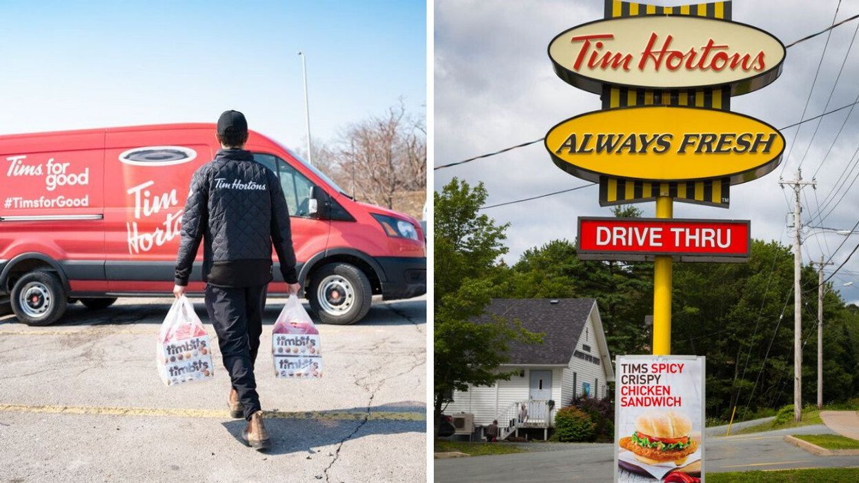 A Tim Hortons worker. Right: A Tim Hortons in Ontario.