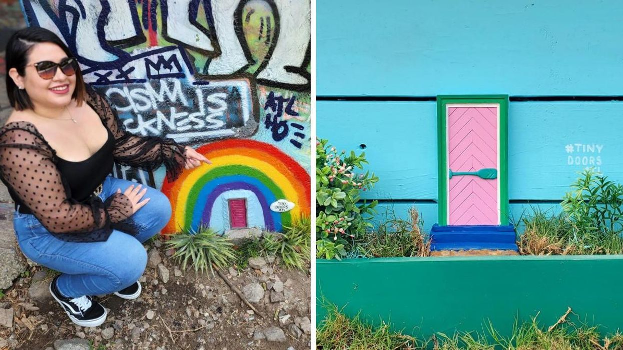 A tiny door under a painted rainbow. Right: A small pink door.