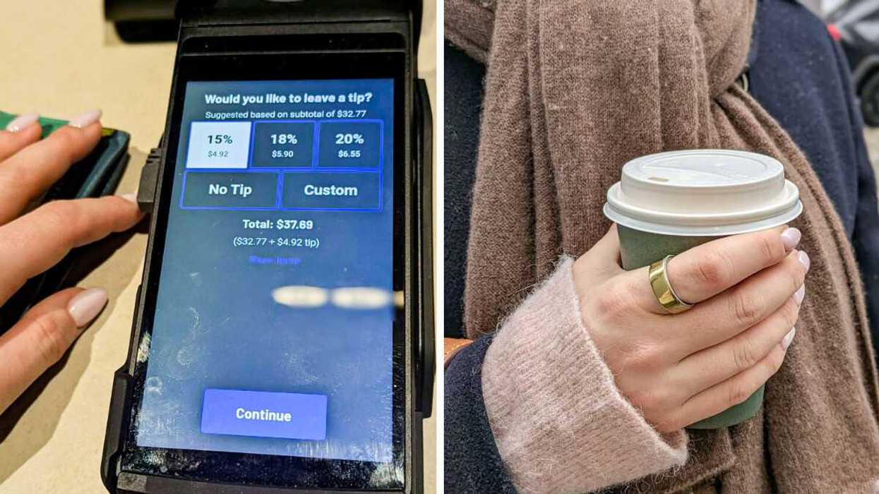 A tip screen. Right: Someone holding a coffee.