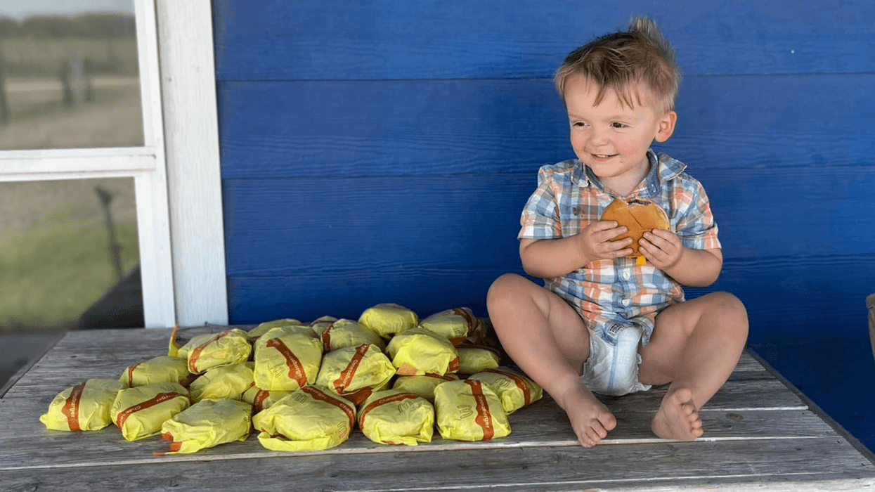 A toddler holding a cheeseburger.
