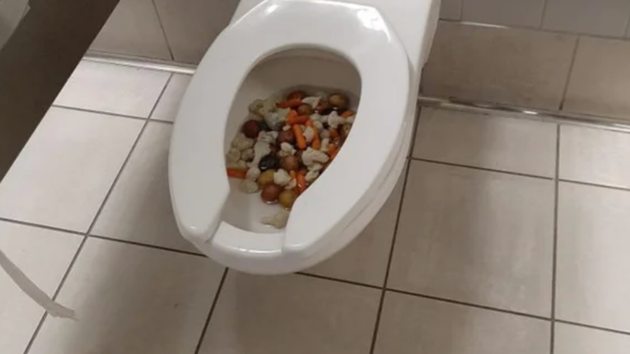 A toilet at Toronto Pearson Airport filled with vegetables.