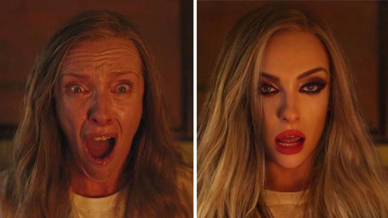 A Toni Collette film still from the horror film "Hereditary." Right: Toni Collette "yassified" and fabulous.