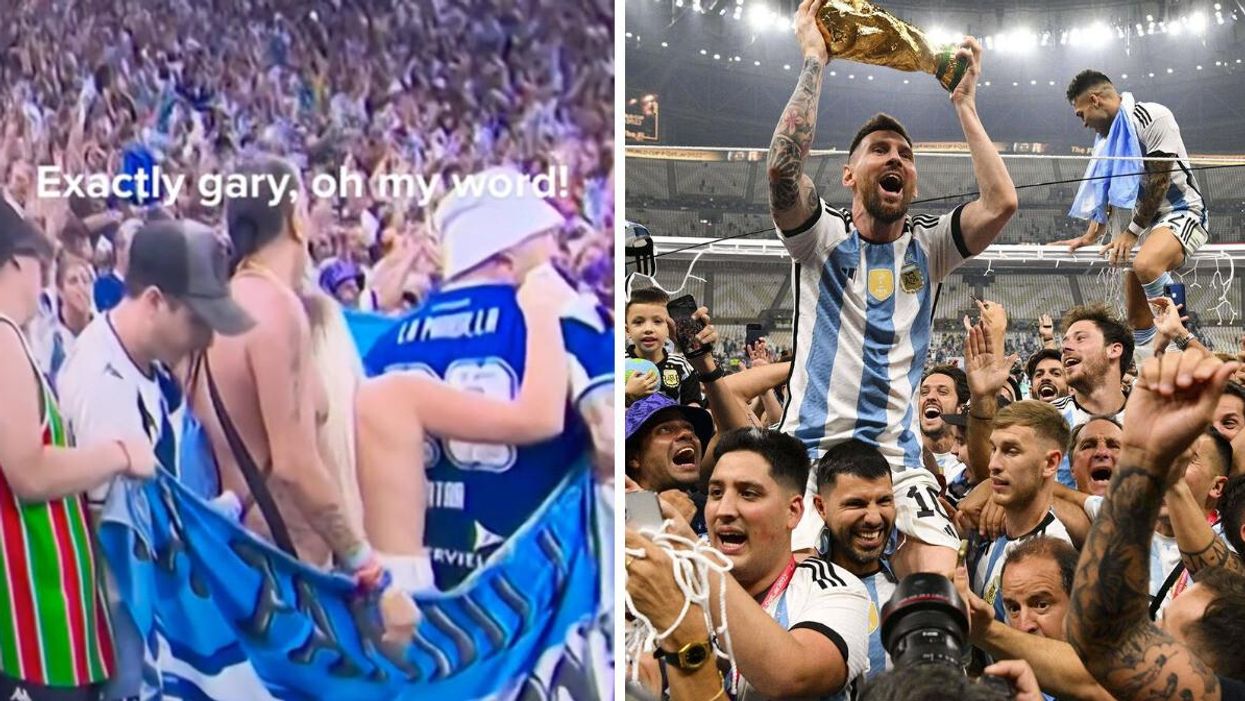 A topless woman at the 2022 World Cup final in Qatar. Right: Lionel Messi holding the World Cup trophy.