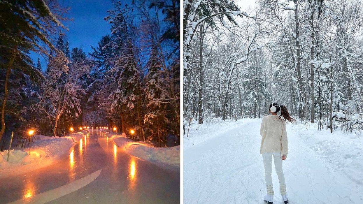 A torchlit skating trail. Right: A person on a skating trail.