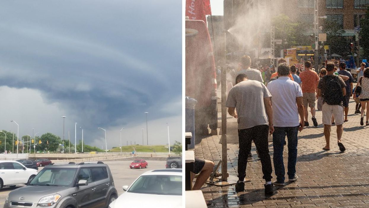A tornado swirling behind parked cars in Canada. Right: People walking under a misting system to cool off during a heatwave in Quebec.