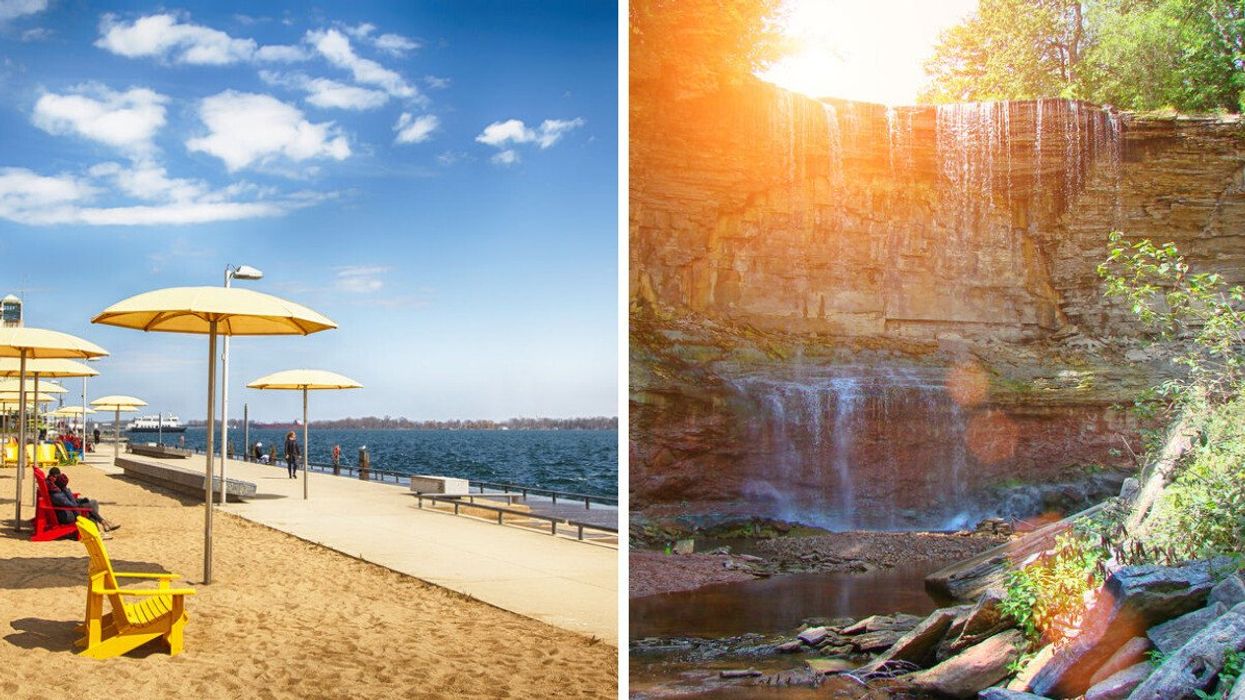 A Toronto beach. Right: A waterfall in Ontario.