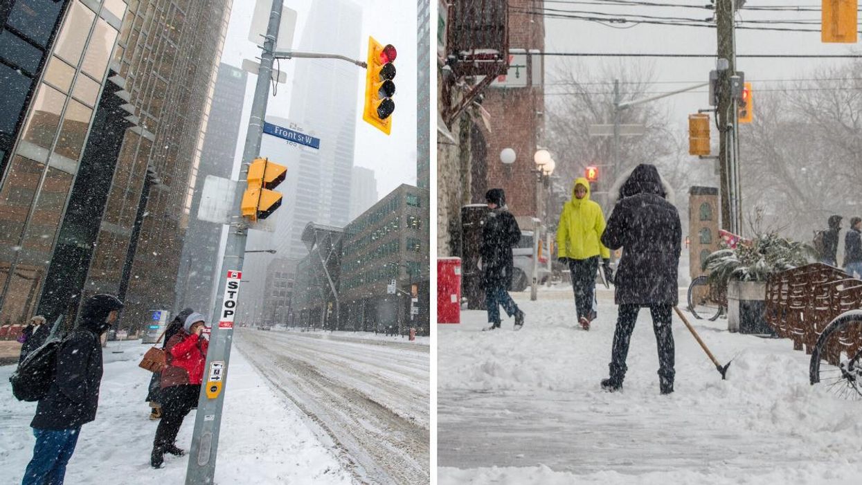 A Toronto bus stop during the winter time. Right: Someone shovelling snow.