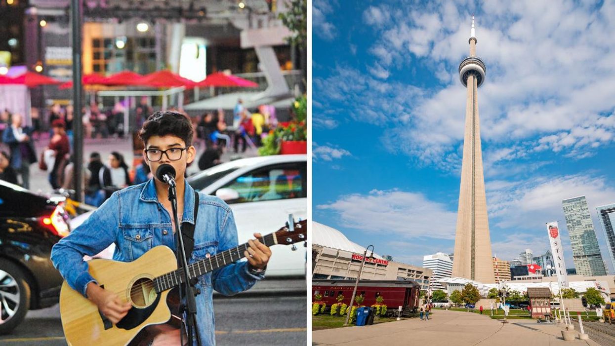 A Toronto busker. Right: The CN tower