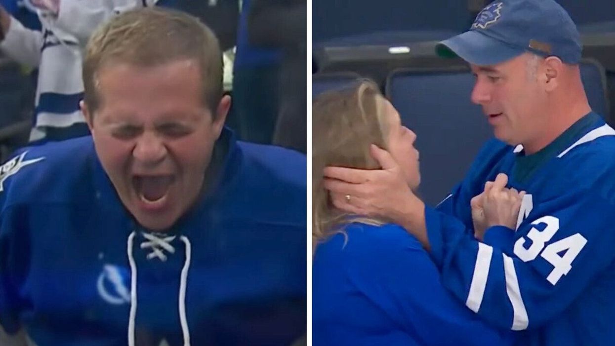 A Toronto Maple Leafs fan's reaction to the team's overtime win. Right: A couple kissing after the game.