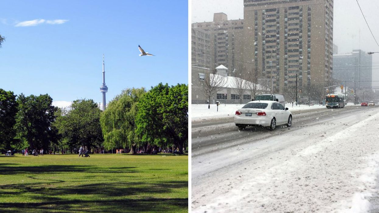 A Toronto park on a sunny day. Right: Drivers travelling on a snow covered street.