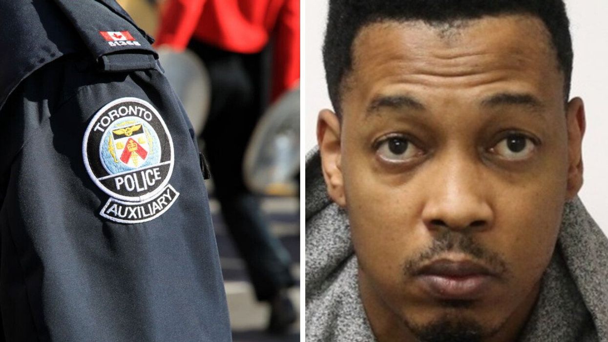 A Toronto Police Auxiliary uniform. Right: A mugshot of a man wanted by Toronto police.