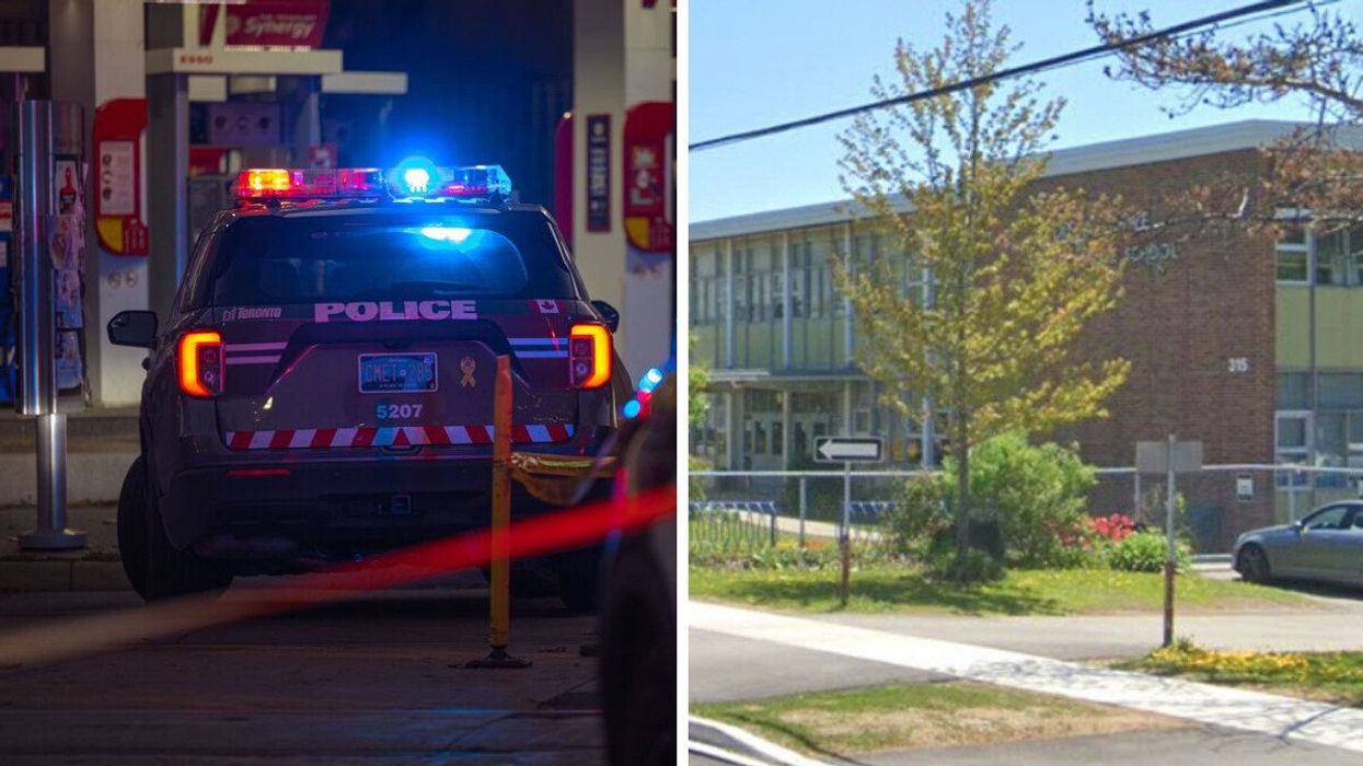 A Toronto Police cruiser at a crime scene. Right: Dixon Grove Junior Middle School in Etobicoke.