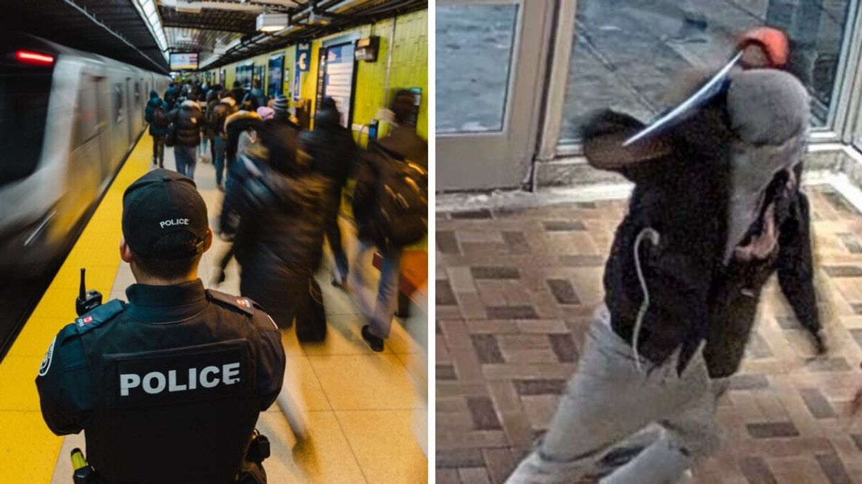 A Toronto Police officer patrolling the TTC. Right: A suspect wanted in a random TTC attack.