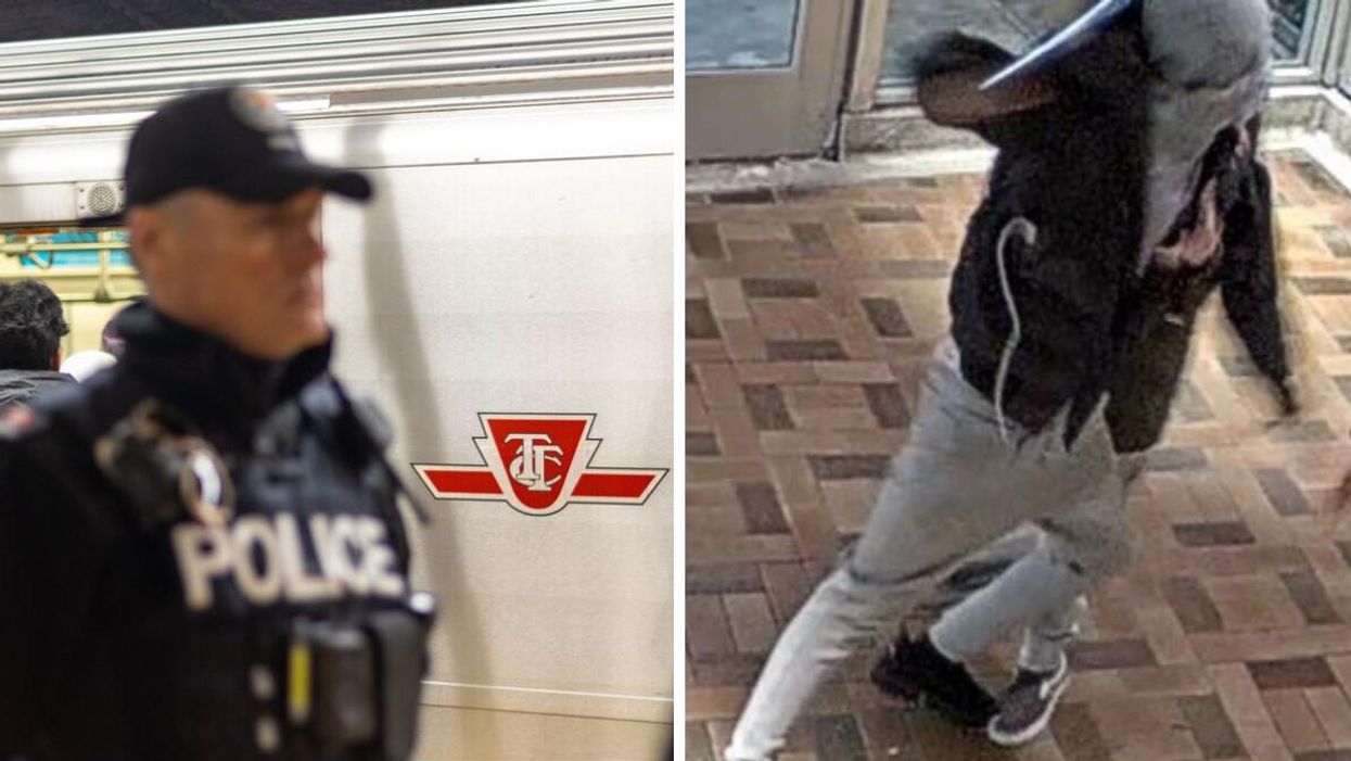 A Toronto Police officer patrolling the TTC. Right: A suspect wanted in a TTC attack.