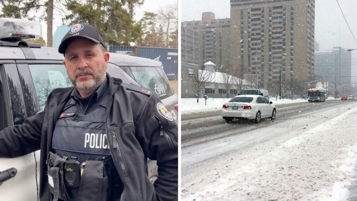 A Toronto police officer. Right: A snowy road in London, Ontario.