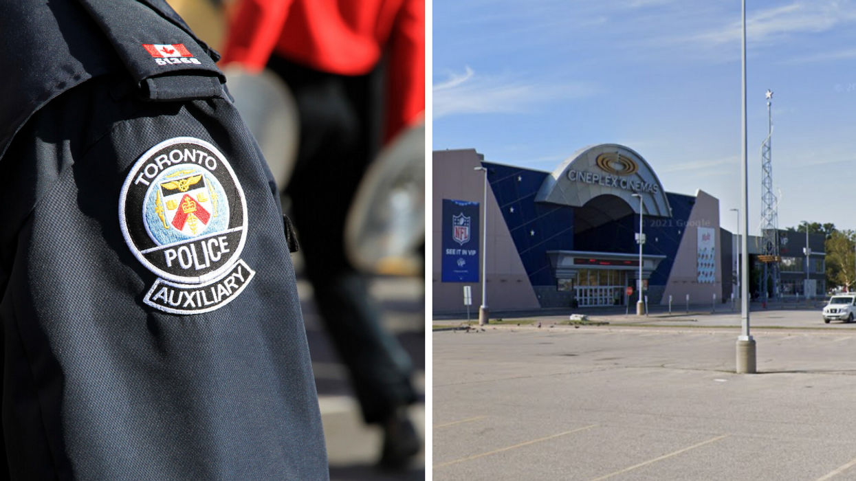 A Toronto Police officer's uniform. Right: The parking lot where the incident took place.
